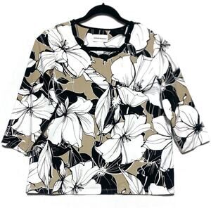 Alfred Dunner Pullover Shirt Womens Large White Black Brown Print 3/4 Sleeve